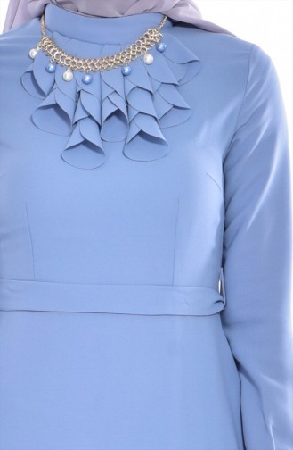 Kolyeli Kuşaklı Elbise 8138-06 Mavi