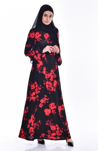 Gemustertes Kleid mit Gürtel 1644D-01 Schwarz Rot 1644D-01