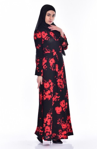 Desenli Kuşaklı Elbise 1644D-01 Siyah Kırmızı