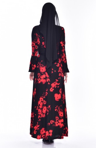 Desenli Kuşaklı Elbise 1644D-01 Siyah Kırmızı