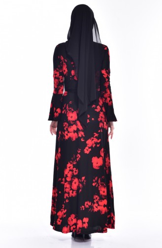 Robe a Motifs et Ceinture 1644D-01 Noir Rouge 1644D-01