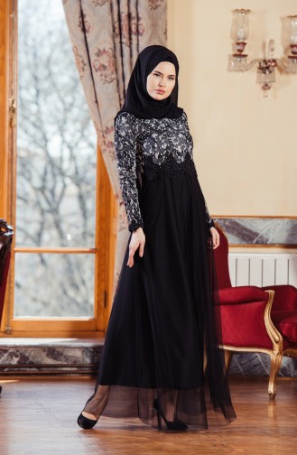 Black Hijab Evening Dress 3841A-01