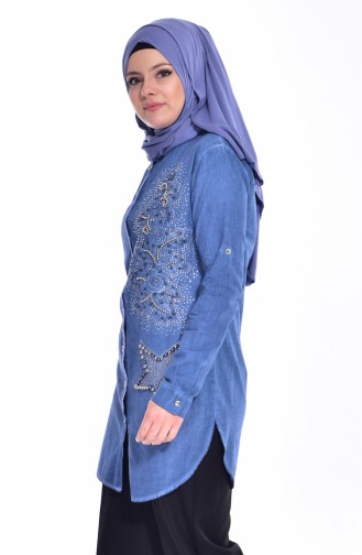 Chemise Bordée et Perlées 0016-01 Bleu Jean 0016-01