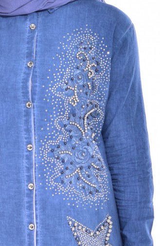 Chemise Bordée et Perlées 0016-01 Bleu Jean 0016-01