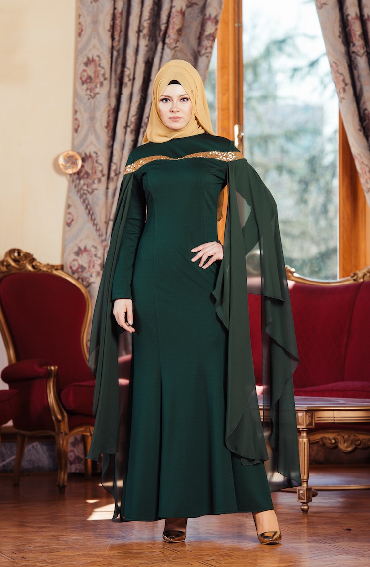 Green Hijab Evening Dress 3346-05