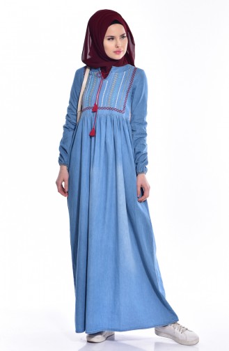 Nakışlı Büzgülü Kot Elbise 1177-01 Kot Mavisi