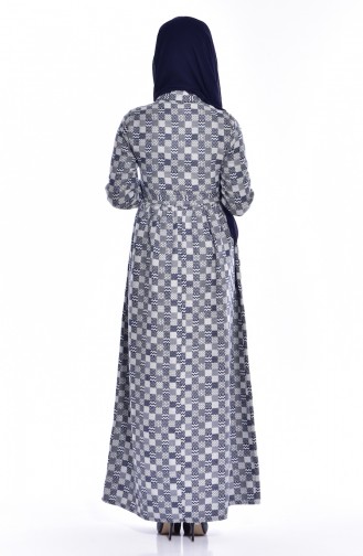 Desenli Kuşaklı Elbise 0058-01 Lacivert