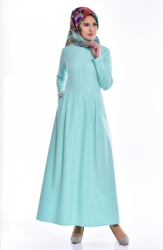Desenli Pileli Elbise 3026-05 Mint Yeşili