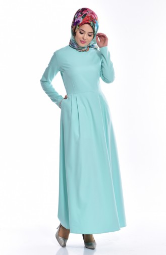 Desenli Pileli Elbise 3026-05 Mint Yeşili