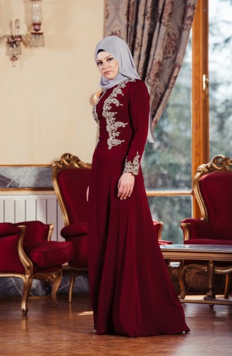 Claret Red Hijab Evening Dress 701120-01