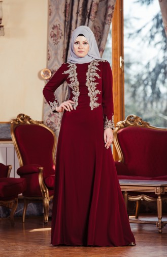 Claret Red Hijab Evening Dress 701120-01