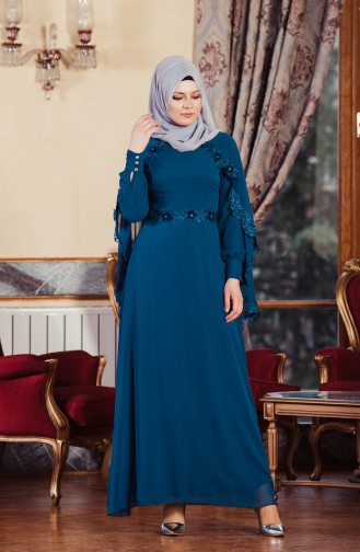 Petrol Hijab Evening Dress 52662-02