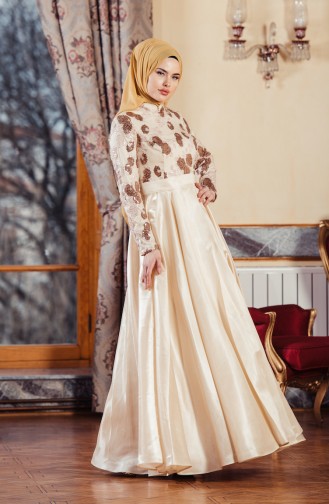 Sequined Belted Evening Dress 701221-01 Cream 701221-01
