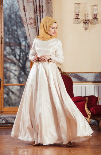 Cream Hijab Evening Dress 701241-02