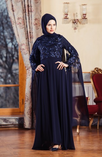 Navy Blue Hijab Evening Dress 52683-04