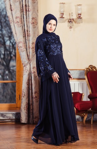 Navy Blue Hijab Evening Dress 52683-04