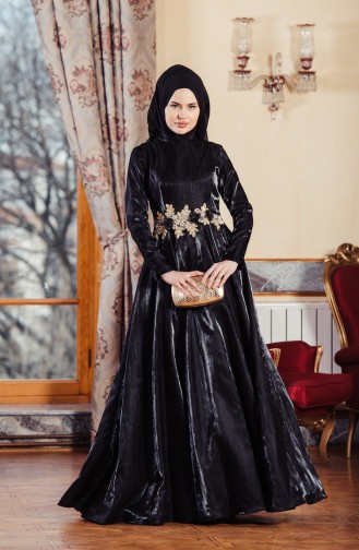 Robe de Soirée a Dentelle Col Officier 701241-03 Noir 701241-03