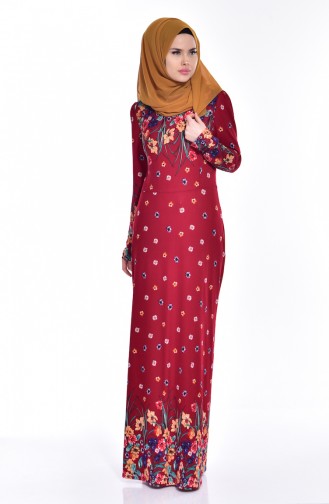 Robe Crêpe a Motifs Fleurs 2928-03 Bordeaux 2928-03