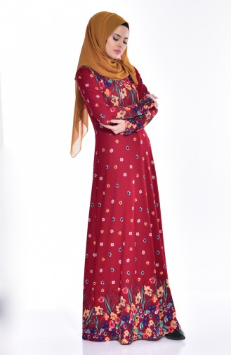 Robe Crêpe a Motifs Fleurs 2928-03 Bordeaux 2928-03