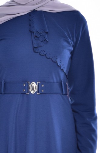 Lazer Kesim Kemerli Elbise 1861-05 İndigo