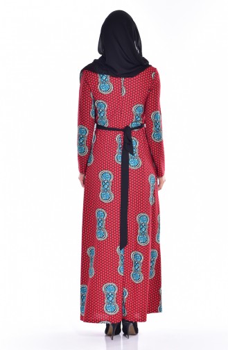 Gemustertes Kleid mit Gürtel 9005-01 Rot 9005-01