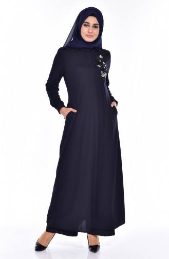 Abaya Perlées Bordée 0153-03 Bleu Marine 0153 -03