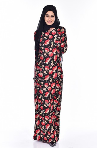 Desenli Örme Krep Elbise 2933-01 Siyah Kırmızı