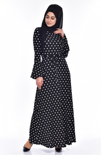 Robe a Motifs et Ceinture 1644E-01 Noir Blanc 1644E-01