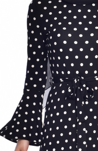 Puantiyeli Kuşaklı Elbise 1644E-01 Siyah Beyaz