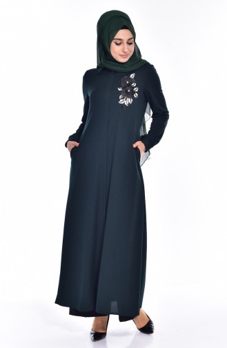 Abaya Perlées Bordée 0153-06 Vert emeraude 0153 -06