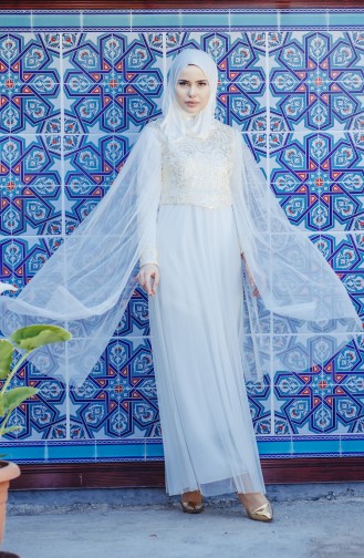 Ecru Hijab Evening Dress 3004-01