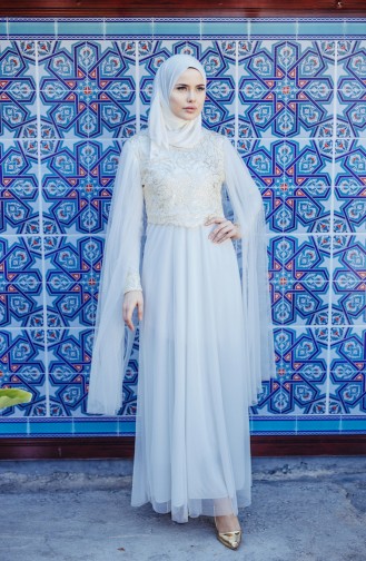 Ecru Hijab Evening Dress 3004-01