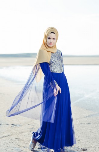Saxe Hijab Evening Dress 3004-02