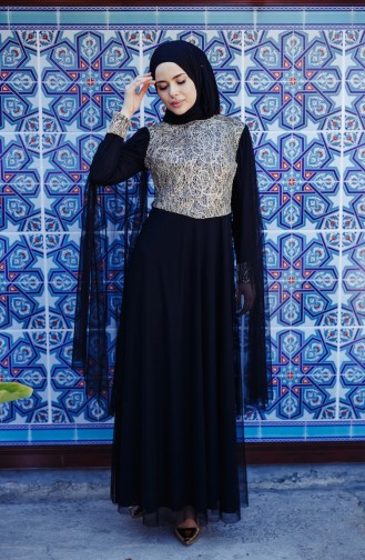 Black Hijab Evening Dress 3004-09
