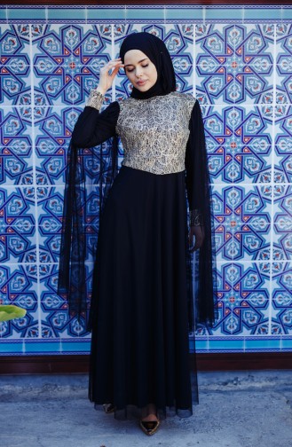 Black Hijab Evening Dress 3004-03