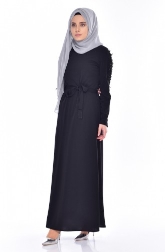 Güpürlü Kuşaklı Elbise 1024-02 Siyah