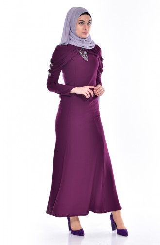 Epaulet Stone Embroidered Dress ss 3384-05 Damson 3384-05