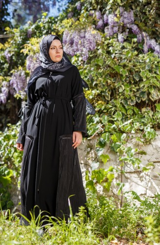 Patchwork Abaya mit Reißverschluss 7744-02 Schwarz 7744-02