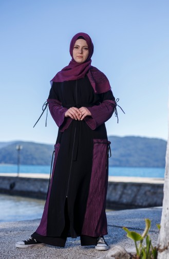 Patchwork Abaya mit Reißverschluss 7744-01 Schwarz Lila 7744-01