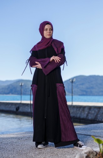 Patchwork Abaya mit Reißverschluss 7744-01 Schwarz Lila 7744-01