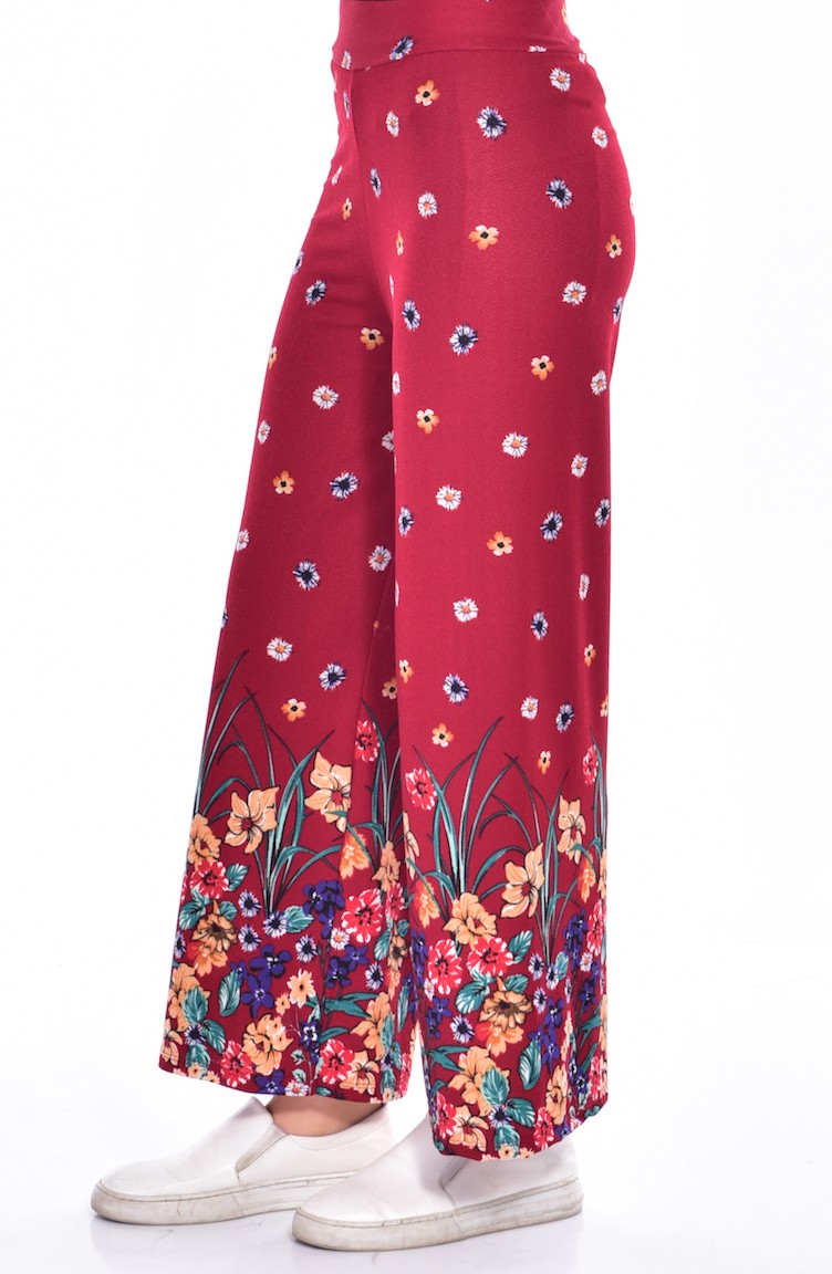 Çiçek Desenli Bol Paca Pantolon 4061-01 Bordo