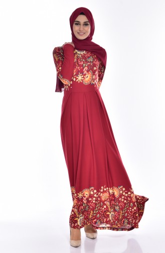 دلبر فستان بتصميم مطبع وسحاب 5201-02 لون خمري 5201-02