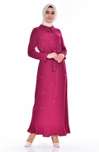 İncili Kuşaklı Elbise 60683-08 Fuşya