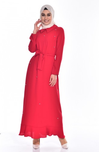 İncili Kuşaklı Elbise 60683-02 Kırmızı