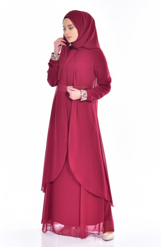 Claret Red Hijab Evening Dress 1091-05