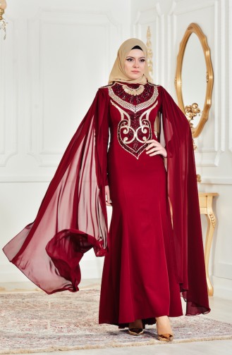 Claret Red Hijab Evening Dress 52688-02