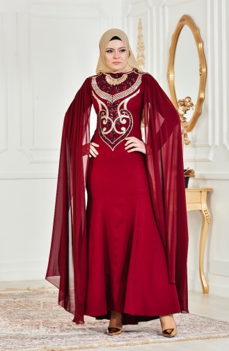 Claret Red Hijab Evening Dress 52688-02