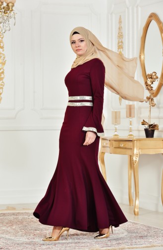 Dark Claret Red Hijab Evening Dress 3435-02