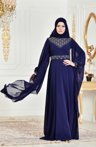 Navy Blue İslamitische Avondjurk 8211-07