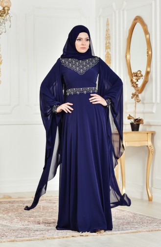 Navy Blue Hijab Evening Dress 8211-07